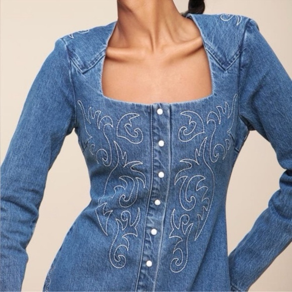 Avec Les Filles Women's Portrait Neck Snap Front Embroidered Dress Size 4 - Picture 5 of 13